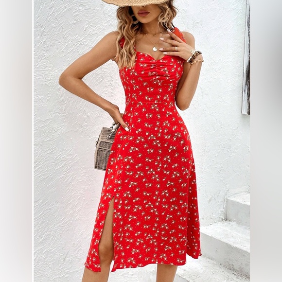 Red Ditsy Floral Print Ruched Bust Split Thigh Cami Dress - Picture 4 of 9